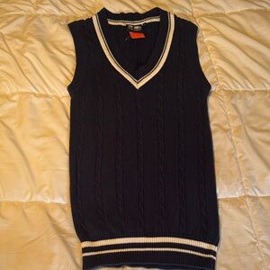 Men's Navy V-Neck Cable Knit Sweater Vest with White Trim